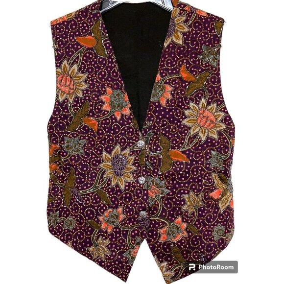 Handmade Jackets & Blazers - Vintage Handmade Vest M Burgundy Purple Floral Beaded Belted Boho Hippie